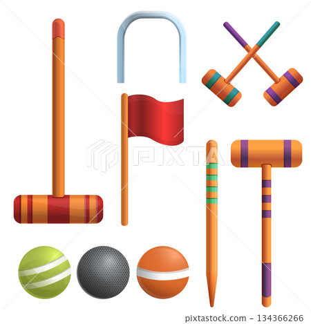 Croquet icons set, cartoon style 134366266