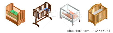 Crib icon set, isometric style Crib icon set, isometric style 134366274