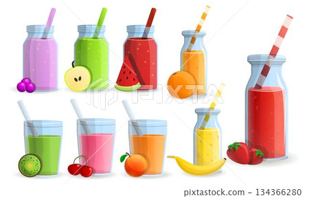Smoothie icon set, cartoon style 134366280