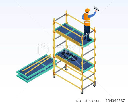 Worker putty on scaffold banner, isometric style 134366287