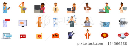 Cyber bullying harassment icon set. People experiencing cyberbullying, online harassment and internet trolling 134366288