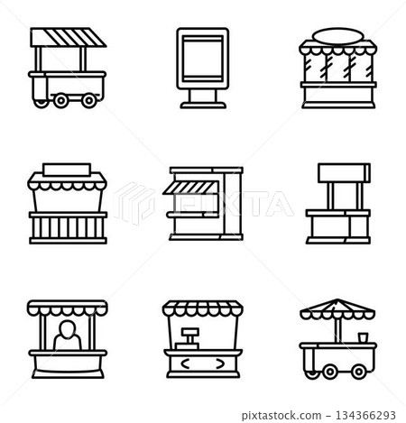Street market icon set, outline style Street market icon set, outline style 134366293