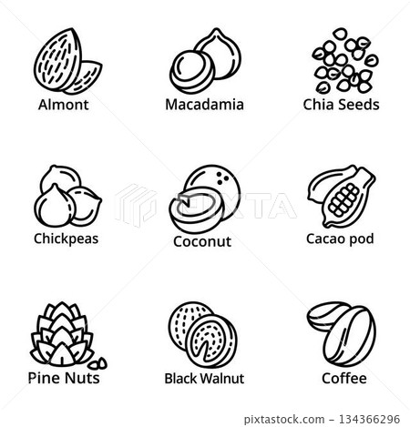 Nuts icon set, outline style Nuts icon set, outline style 134366296