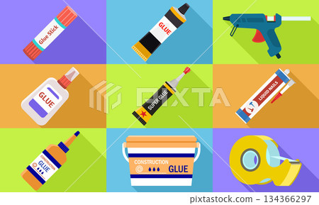 Glue icons set, flat style 134366297