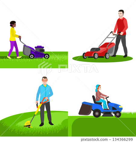 Garden lawnmower banner set, flat style 134366299