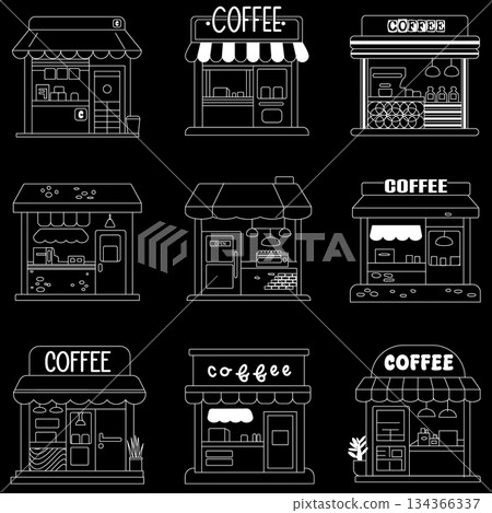 This image is a grid collection of nine minimalist line art illustrations depicting various styles of coffee shops, cafes, and street kiosks. 134366337