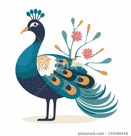 Stylized peacock stands on white background with decorative floral elements 134366438