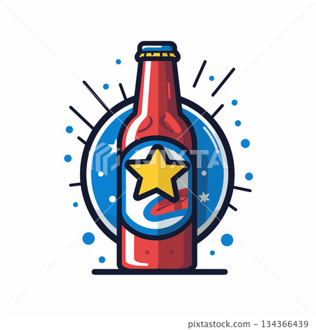 Red bottle with star design in blue and white circle with starbursts illustration 134366439