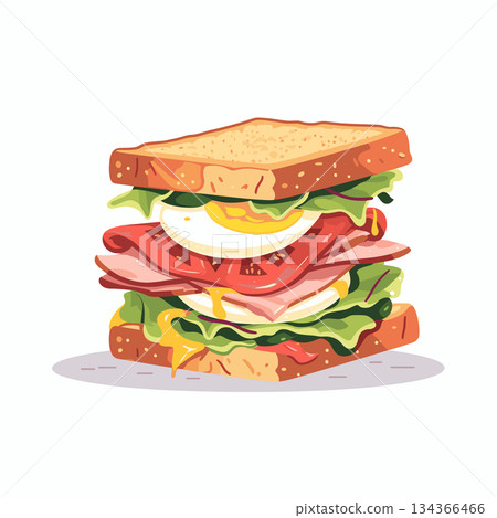 Delicious club sandwich with egg, ham, tomato, and lettuce layers on toasted bread 134366466