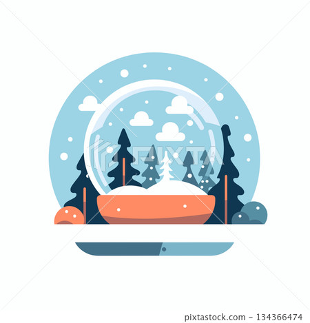 Winter snow globe scene with evergreen trees and snow covered ground 134366474