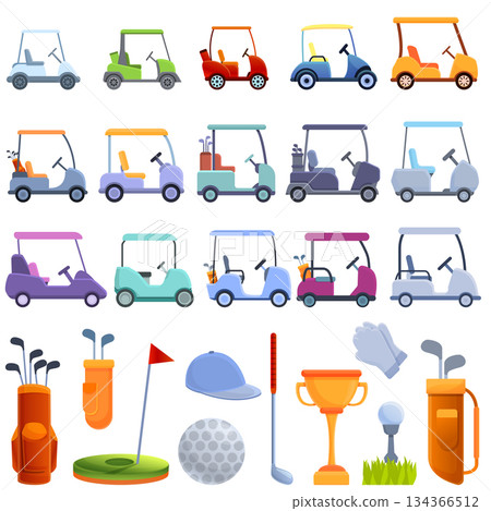 Golf cart icons set, cartoon style 134366512