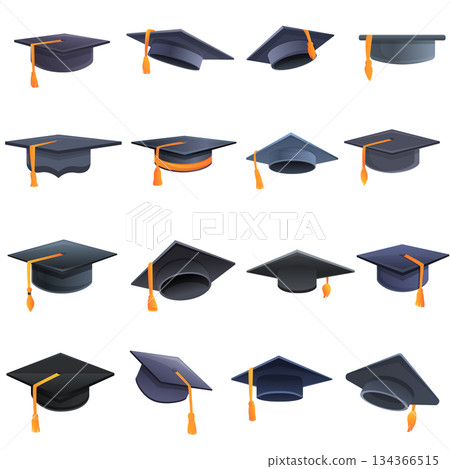 Graduation hat icons set, cartoon style Graduation hat icons set, cartoon style 134366515