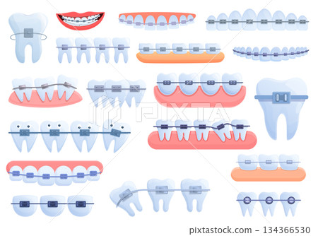 Tooth braces icons set, cartoon style Tooth braces icons set, cartoon style 134366530