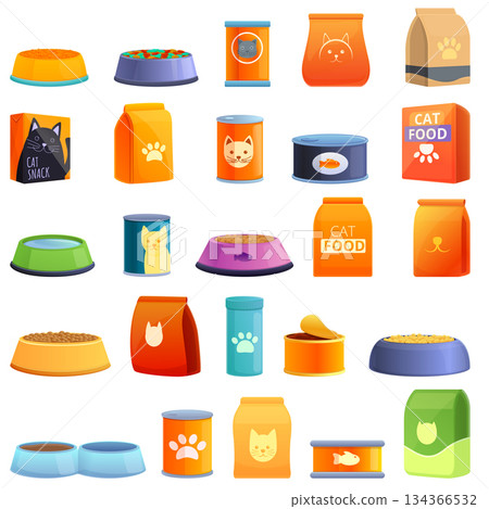 Cat food icons set, cartoon style Cat food icons set, cartoon style 134366532