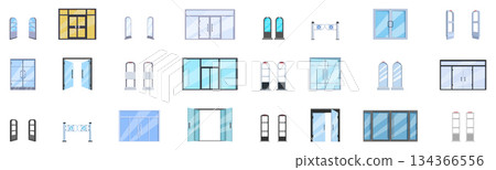 Shop entrance gate icons set. Set of different doors and security systems for shops and stores providing safety and protection 134366556