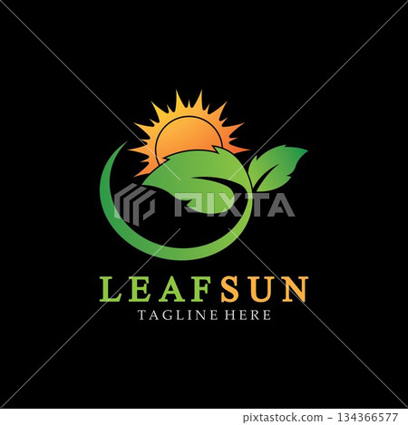 Sun & Green Leaf Logo Icons vector design template. Eco Sun Energy Logo isolated on black background 134366577