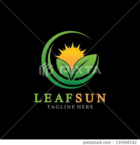 Sun & Green Leaf Logo Icons vector design template. Eco Sun Energy Logo isolated on black background 134366582