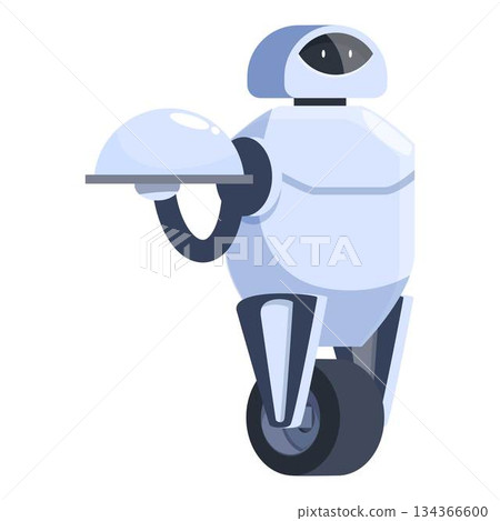 Modern robot waiter holding a covered tray on one wheel Modern robot waiter holding a covered tray on one wheel 134366600
