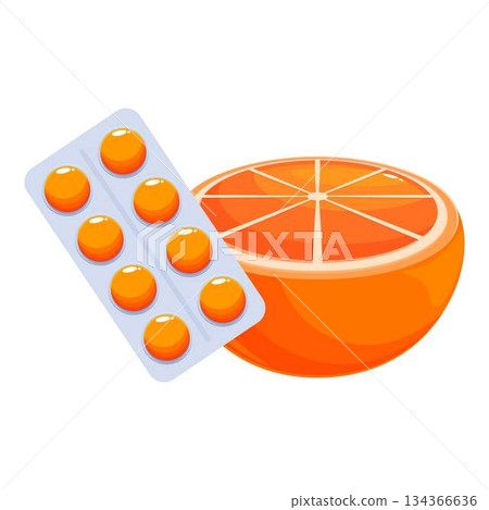 Half grapefruit lying near blister pack with vitamin c Half grapefruit lying near blister pack with vitamin c 134366636