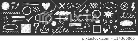 Hand drawn chalk doodles elements on blackboard texture arrows, question marks, question set. Highlight, circle frame, cloud sketch brush texture marker stroke. Vector 134366806