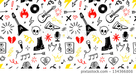 Rock music seamless pattern with guitar, skull, punk symbols. Hand drawn doodle scribbles stickers with stars, roses and love heart for rock music background, tattoo design. Vector 134366808