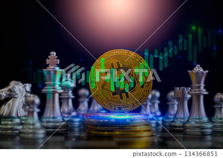 Modern way of exchange. Bitcoin is convenient payment in global economy market. Virtual digital currency and financial investment trade concept. Abstract cryptocurrency with gold bitcoin background. 134366851
