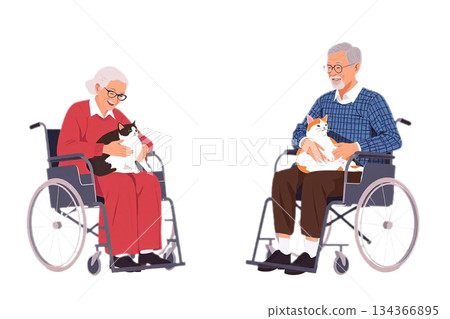 The scene shows two elderly couples, a grandmother and grandfather, sitting in wheelchairs and gently stroking a cat curled up on their laps. The scene shows two elderly couples, a grandmother and grandfather, sitting in wheelchairs and gently stroking a cat curled up on their laps. 134366895