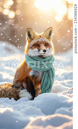 Cute red fox wearing green knitted scarf sitting in snow. Vertical winter wildlife portrait with warm bokeh lights. Whimsical fairy tale animal background for mobile wallpaper. Cute red fox wearing green knitted scarf sitting in snow. Vertical winter wildlife portrait with warm bokeh lights. Whimsical fairy tale animal background for mobile wallpaper. 134366929