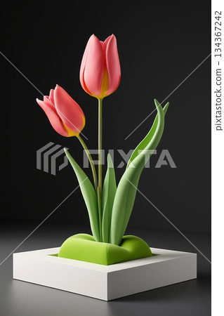 白色花盆中的粉色郁金香 134367242