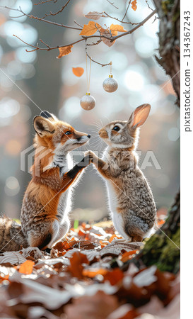 Cute red fox and rabbit holding paws and touching noses in autumn forest. Vertical nature background of friendship and love between animals. Whimsical fairytale scene with fallen leaves. 134367243