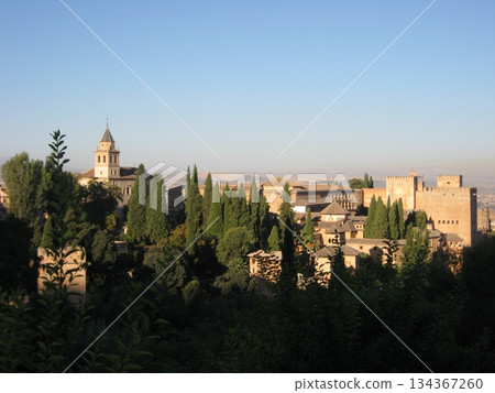 清晨的陽光灑在格拉納達的阿爾罕布拉宮上。 134367260