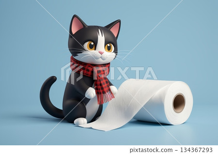 Cartoon cat wearing a scarf with toilet paper 134367293