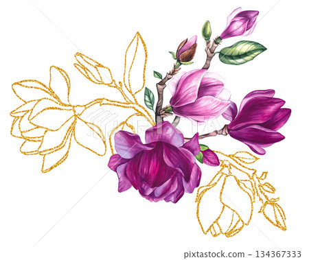 Watercolor bouquet magnolia and gold decorative illustration 134367333