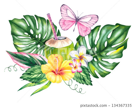 Tropical bouquet with hibiscus flowers and butterfly. Botanical bouquet of summer tropical flowers 134367335