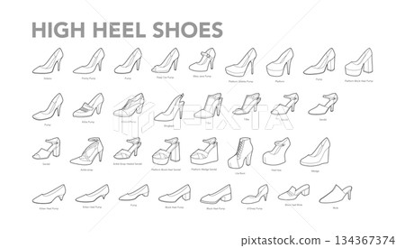 High heel shoe women sketch set. Stiletto pump peep toe, Mary Jane platform sandal wedge mule outline with small 134367374