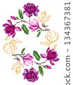 Watercolor bouquet magnolia and gold decorative illustration 134367381