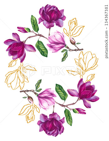 Watercolor bouquet magnolia and gold decorative illustration Watercolor bouquet magnolia and gold decorative illustration 134367381