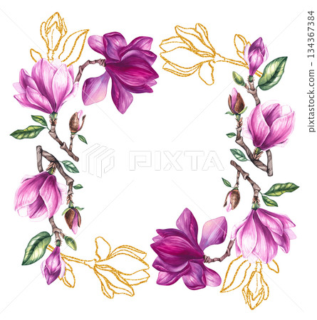 Watercolor bouquet magnolia and gold decorative illustration 134367384