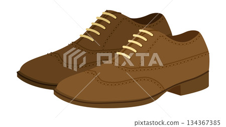 Oxford mens formal brown flat pair. Classic closed lace up leather footwear technical illustration. Vector flat CAD 134367385