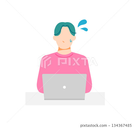 Illustration of a man in casual clothes having trouble with his PC. Flat design. 134367485