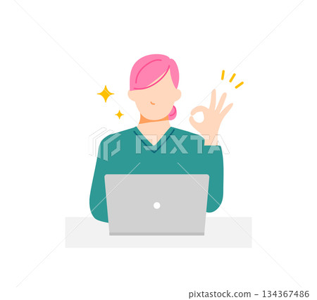 一位身著休閒裝、態度積極的女性手持電腦，做出「OK」手勢。扁平化設計。 134367486