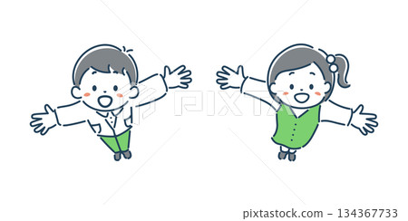 可愛簡潔的插圖，描繪了面帶微笑的孩子們張開雙臂。 134367733