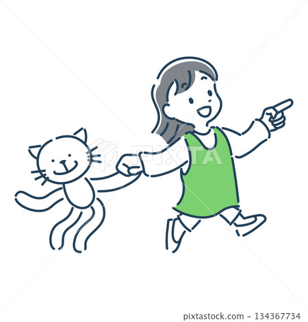 一幅可愛而簡潔的插圖，描繪了一個女孩面帶微笑地抱著一隻毛絨貓咪行走。 134367734