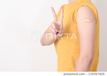 Adult Woman with bandage after received vaccine. Vaccination and Immunization for Influenza, HPV, Zoster, IPD, DTP or Diphtheria, Tetanus and Pertussis, MMR, Hepatitis B, Covid and Varicella vaccine Adult Woman with bandage after received vaccine. Vaccination and Immunization for Influenza, HPV, Zoster, IPD, DTP or Diphtheria, Tetanus and Pertussis, MMR, Hepatitis B, Covid and Varicella vaccine 134367809