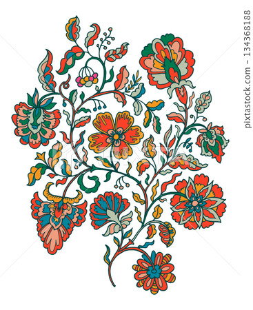Folk-inspired floral vector clipart with bold teal and coral petals Folk-inspired floral vector clipart with bold teal and coral petals 134368188