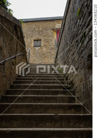 Castle of Sedan, Sedan, Rethel, Ardennes, Grand-Est, France, August, 28th, 2025, Textured risers and Castle of Sedan, Sedan, Rethel, Ardennes, Grand-Est, France, August, 28th, 2025, Textured risers and 134368210