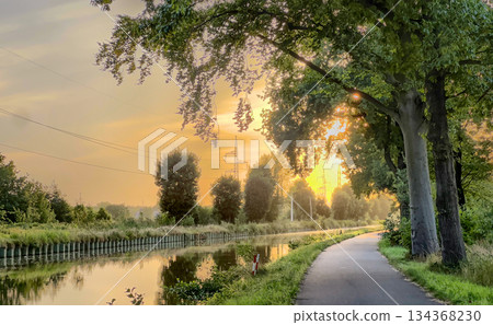 Scenic pathway illuminated by dawn for runners and nature lovers alike 134368230