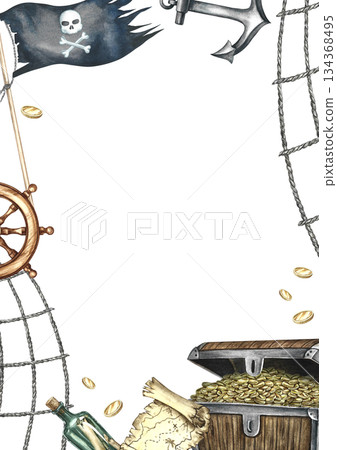 Pirate theme frame. Hand-drawn watercolor illustration. Treasure chest, steering wheel, anchor, pirate flag. For postcards, posters, flyers, and more. Pirate theme frame. Hand-drawn watercolor illustration. Treasure chest, steering wheel, anchor, pirate flag. For postcards, posters, flyers, and more. 134368495