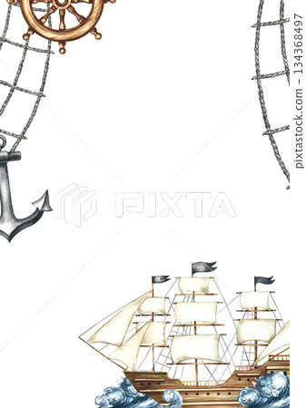 A frame with a seascape and a ship. A hand-drawn watercolor illustration. A ship at sea. For greeting and invitation cards, posters, and more. A frame with a seascape and a ship. A hand-drawn watercolor illustration. A ship at sea. For greeting and invitation cards, posters, and more. 134368497