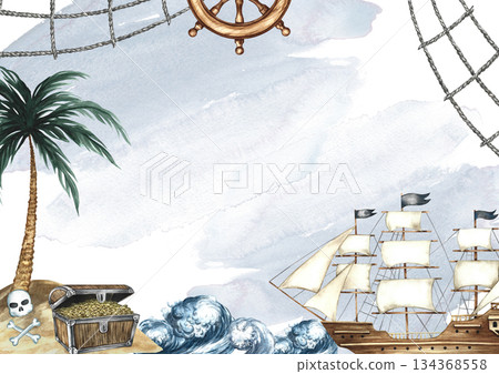 Treasure Island frame. Hand-drawn watercolor illustrations. A pirate ship, a chest of gold coins on an island under a palm tree, and other maritime elements. For postcards, posters, flyers, and more. 134368558